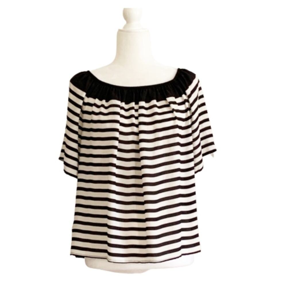 LOFT Top Blouse Black Cream Striped Short Sleeve Dressy Blouse Top Size Small